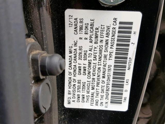 2HGFB2F91DH511970 - 2013 HONDA CIVIC EXL BLACK photo 10