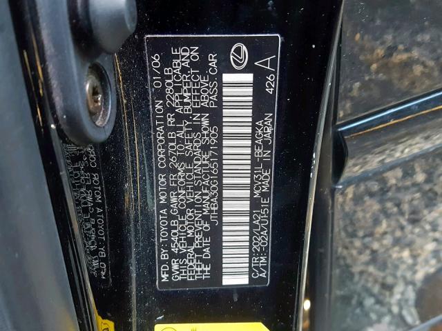 JTHBA30G165171905 - 2006 LEXUS ES 330 BLACK photo 10