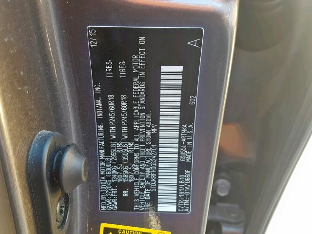 5TDJKRFH0GS242701 - 2016 TOYOTA HIGHLANDER ნაცრისფერი ფოტო 10