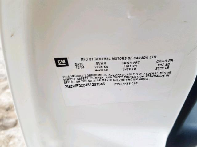 2G2WP522451201546 - 2005 PONTIAC GRAND PRIX თეთრი ფოტო 10