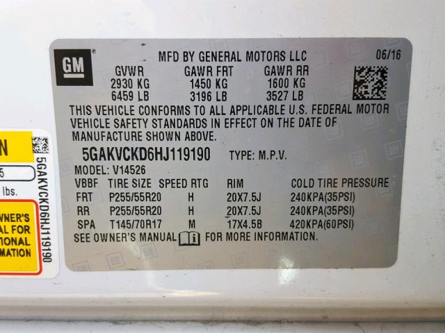 5GAKVCKD6HJ119190 - 2017 BUICK ENCLAVE WHITE photo 10