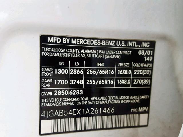4JGAB54EX1A261466 - 2001 MERCEDES-BENZ ML 320 WHITE photo 10