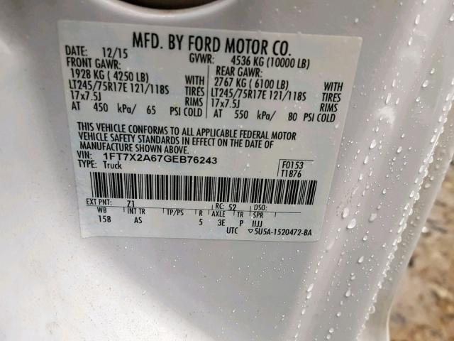 1FT7X2A67GEB76243 - 2016 FORD F250 SUPER WHITE photo 10