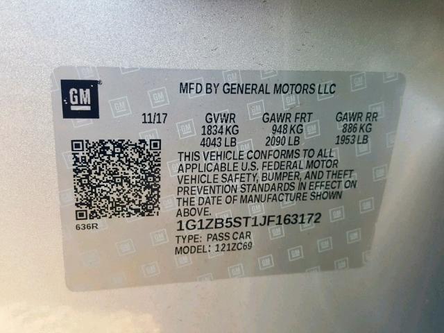 1G1ZB5ST1JF163172 - 2018 CHEVROLET MALIBU LS SILVER photo 10