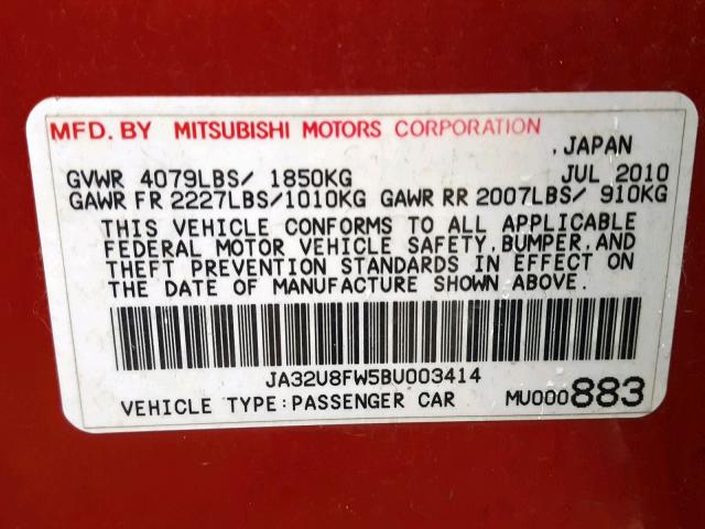 JA32U8FW5BU003414 - 2011 MITSUBISHI LANCER GTS BURGUNDY photo 10