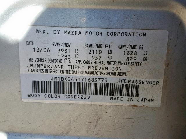 JM1BK343171683775 - 2007 MAZDA 3 HATCHBAC SILVER photo 10