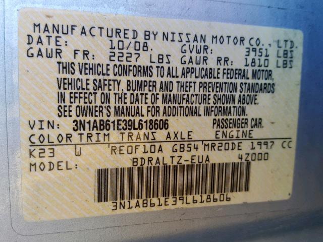 3N1AB61E39L618606 - 2009 NISSAN SENTRA 2.0 SILVER photo 10