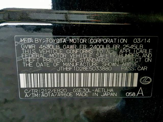 JTHBF1D28E5033880 - 2014 LEXUS IS 250 BLACK photo 10