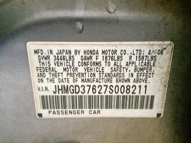 JHMGD37627S008211 - 2007 HONDA FIT S 灰色 照片 10