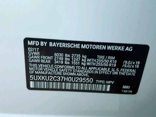 5UXKU2C37H0U29550 - 2017 BMW X6 XDRIVE3 WHITE photo 10