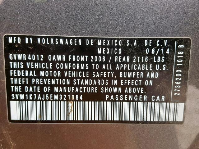 3VW1K7AJ5EM321984 - 2014 VOLKSWAGEN JETTA BASE Boz foto 10