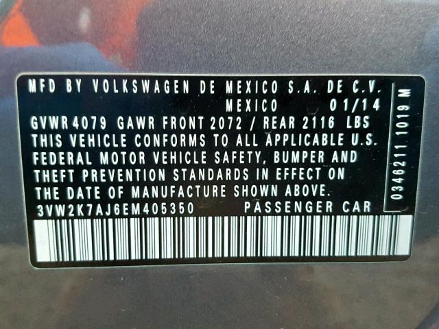 3VW2K7AJ6EM405350 - 2014 VOLKSWAGEN JETTA BASE Մոխրագույն լուսանկար 10