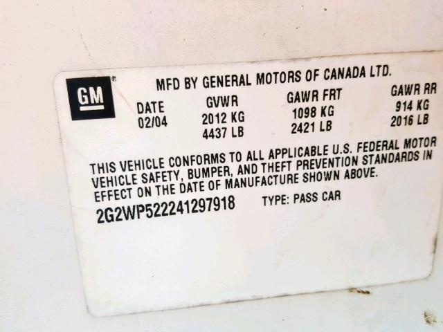 2G2WP522241297918 - 2004 PONTIAC GRAND PRIX WHITE photo 10