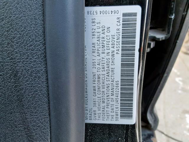 9BWFL61J454022665 - 2005 VOLKSWAGEN GOLF GL BLACK photo 10