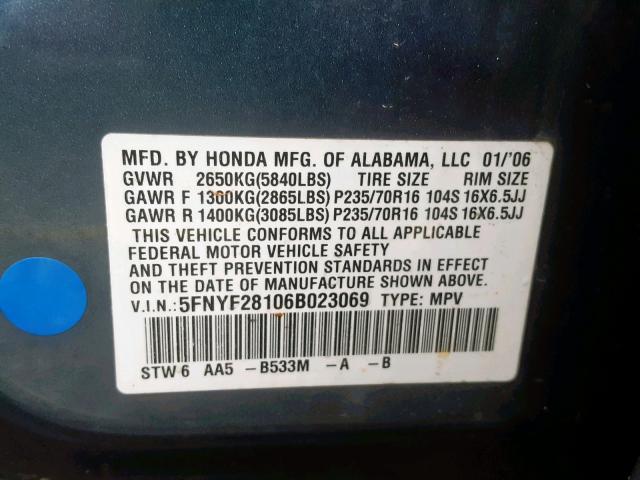 5FNYF28106B023069 - 2006 HONDA PILOT LX BLUE photo 10