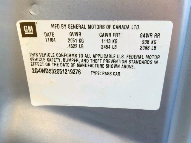 2G4WD532551219276 - 2005 BUICK LACROSSE C GRAY photo 10