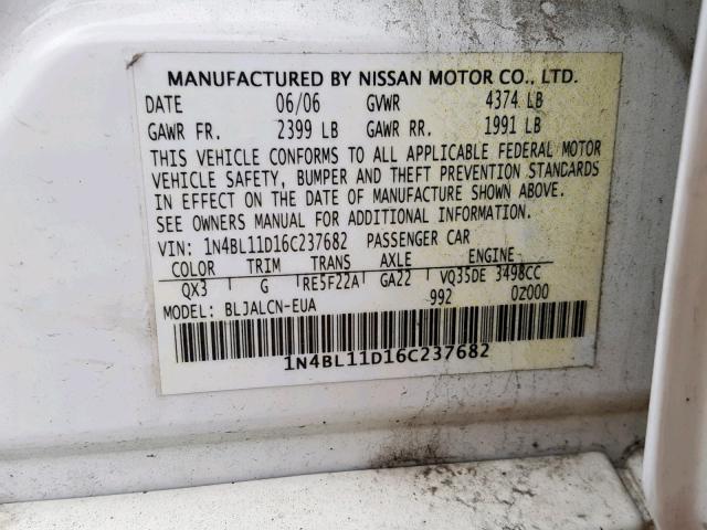 1N4BL11D16C237682 - 2006 NISSAN ALTIMA SE WHITE photo 10