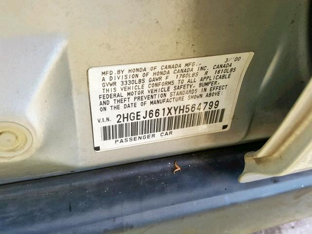 2HGEJ661XYH564799 - 2000 HONDA CIVIC BASE SILVER photo 10