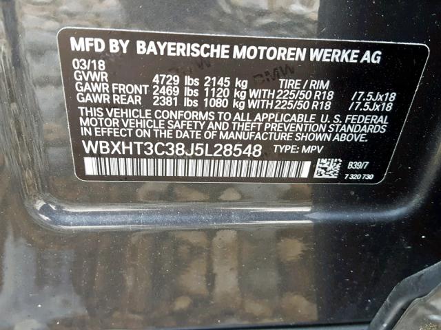 WBXHT3C38J5L28548 - 2018 BMW X1 XDRIVE2 CHARCOAL photo 10