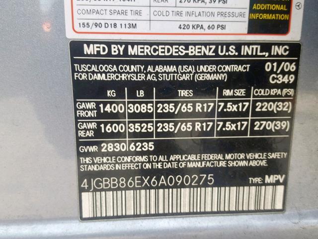 4JGBB86EX6A090275 - 2006 MERCEDES-BENZ ML 350 BLUE photo 10