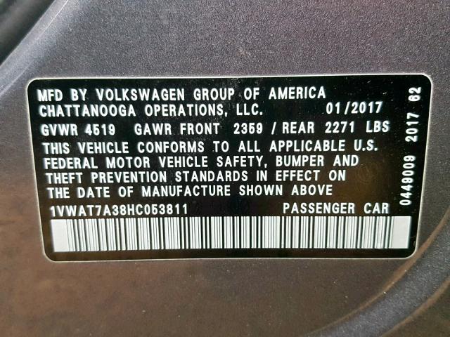 1VWAT7A38HC053811 - 2017 VOLKSWAGEN PASSAT S GRAY photo 10