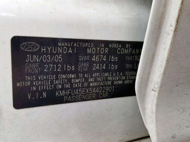 KMHFU45EX5A422901 - 2005 HYUNDAI XG 350 WHITE photo 10