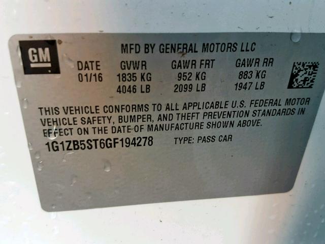 1G1ZB5ST6GF194278 - 2016 CHEVROLET MALIBU LS WHITE photo 10