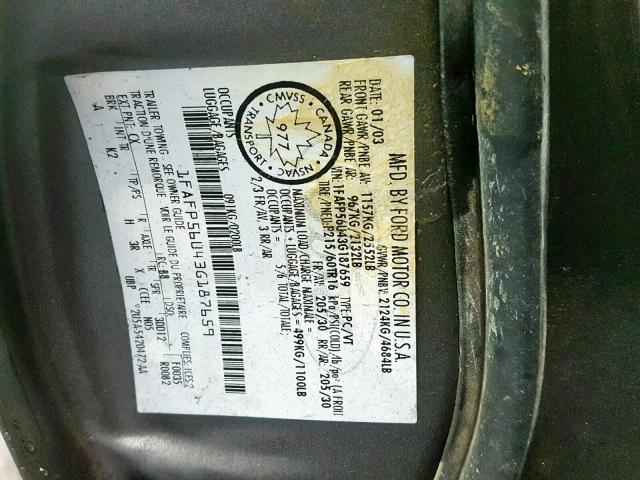 1FAFP56U43G187659 - 2003 FORD TAURUS SEL GRAY photo 10