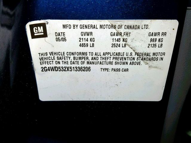 2G4WD532X51336206 - 2005 BUICK LACROSSE C BLUE photo 10