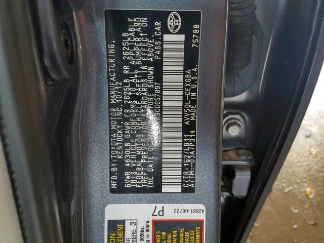 4T1BD1FK9CU057897 - 2012 TOYOTA CAMRY HYBR CHARCOAL photo 10