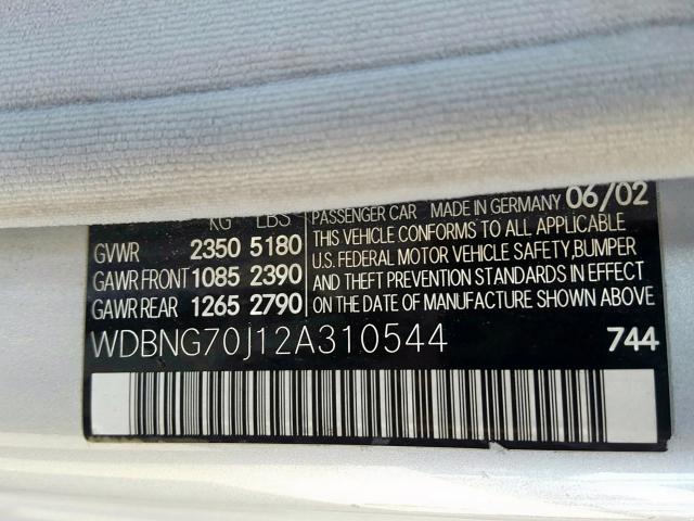 WDBNG70J12A310544 - 2002 MERCEDES-BENZ S430 SILVER photo 10