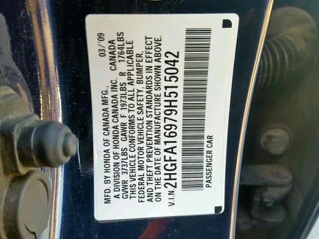 2HGFA16979H515042 - 2009 HONDA CIVIC EXL BLUE photo 10