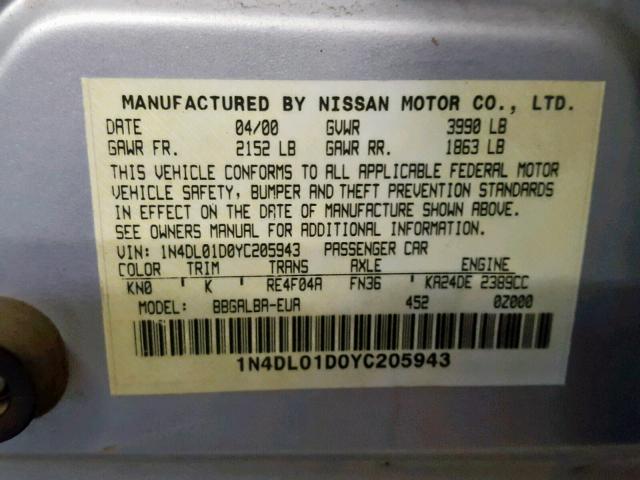 1N4DL01D0YC205943 - 2000 NISSAN ALTIMA XE SILVER photo 10