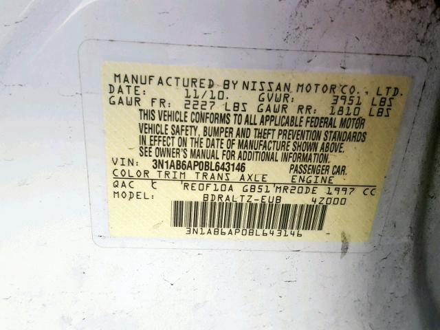 3N1AB6AP0BL643146 - 2011 NISSAN SENTRA 2.0 WHITE photo 10