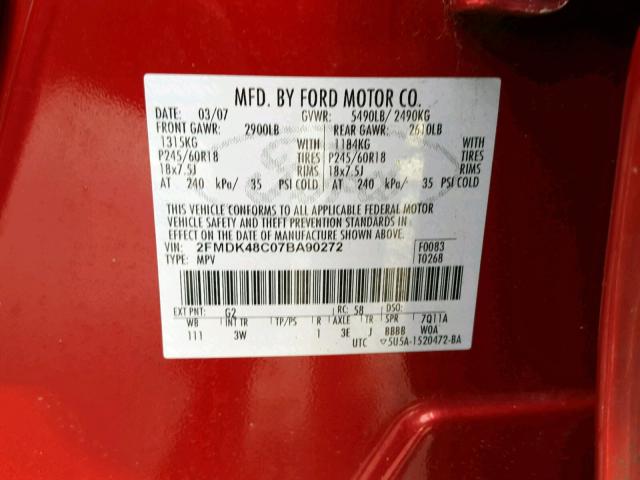 2FMDK48C07BA90272 - 2007 FORD EDGE SEL RED photo 10