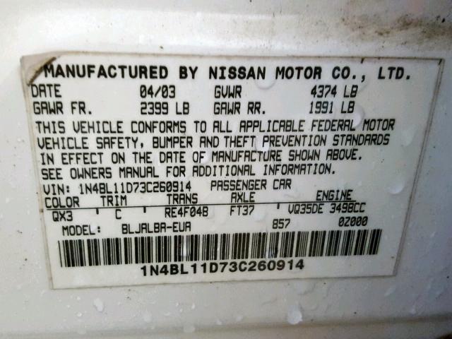 1N4BL11D73C260914 - 2003 NISSAN ALTIMA SE WHITE photo 10