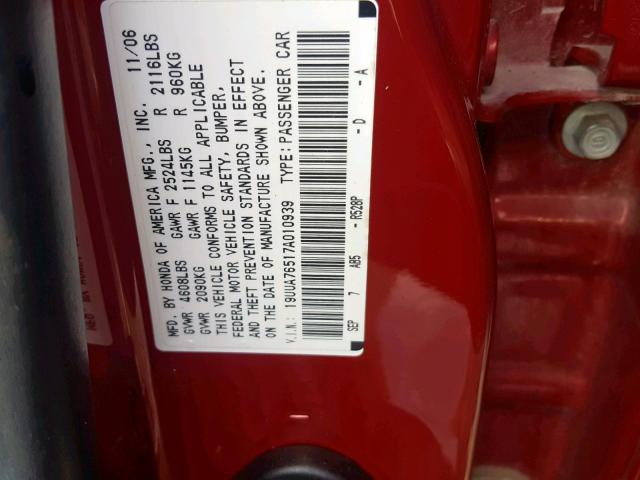 19UUA76517A010939 - 2007 ACURA TL TYPE S RED photo 10