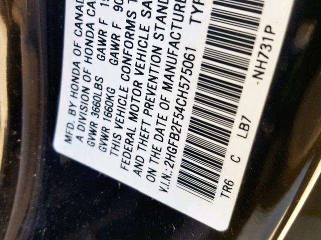 2HGFB2F54CH575061 - 2012 HONDA CIVIC LX BLACK photo 10