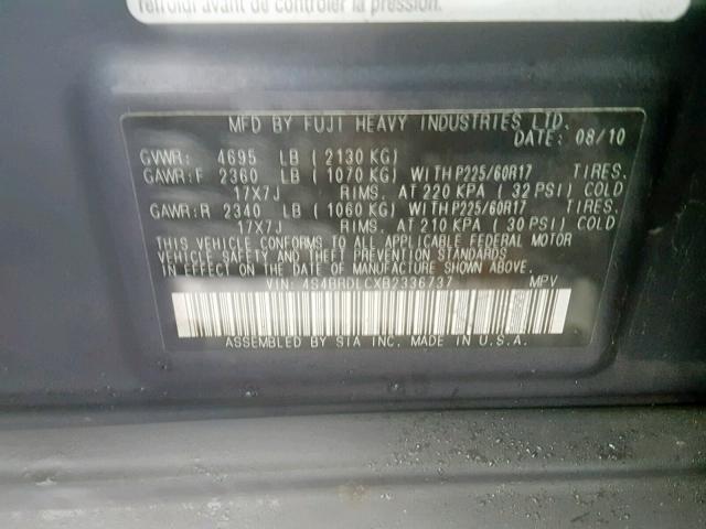 4S4BRDLCXB2336737 - 2011 SUBARU OUTBACK 3. GRAY photo 10