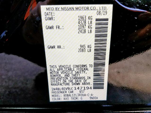 1N4BL4EV9LC147194 - 2020 NISSAN ALTIMA SL BLACK photo 10