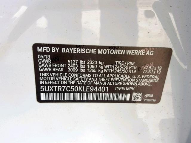 5UXTR7C50KLE94401 - 2019 BMW X3 SDRIVE3 WHITE photo 10