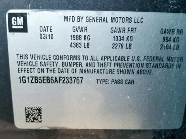 1G1ZB5EB6AF233767 - 2010 CHEVROLET MALIBU LS 石墨色 照片 10