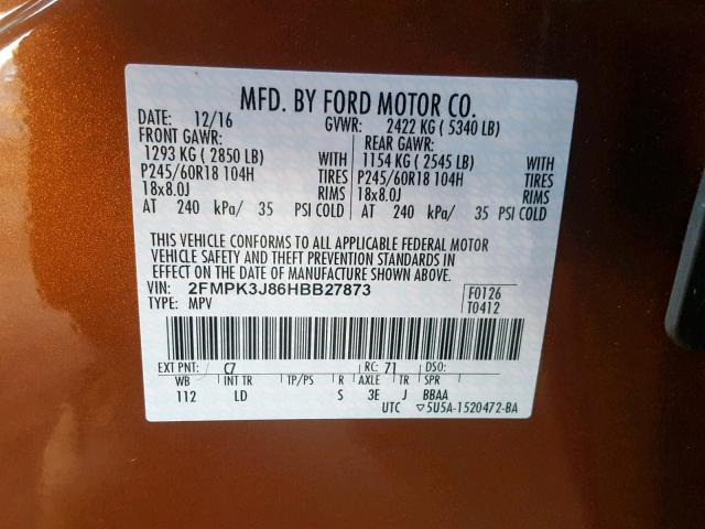 2FMPK3J86HBB27873 - 2017 FORD EDGE SEL ORANGE photo 10