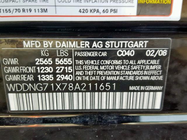 WDDNG71X78A211651 - 2008 MERCEDES-BENZ S 550 BLACK photo 10