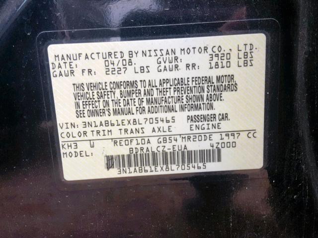 3N1AB61EX8L705465 - 2008 NISSAN SENTRA 2.0 BLACK photo 10