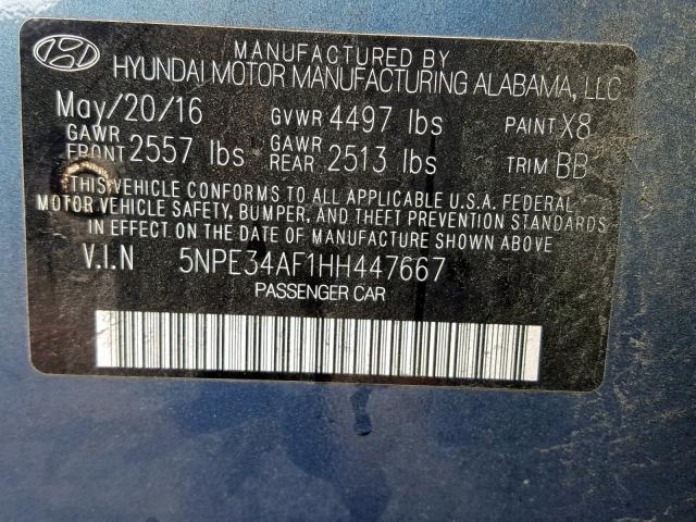 5NPE34AF1HH447667 - 2017 HYUNDAI SONATA SPO BLUE photo 10