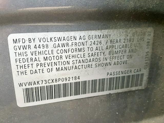 WVWAK73CX8P092184 - 2008 VOLKSWAGEN PASSAT KOM GRAY photo 10