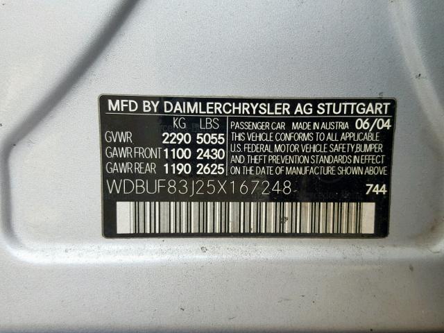 WDBUF83J25X167248 - 2005 MERCEDES-BENZ E 500 4MAT SILVER photo 10