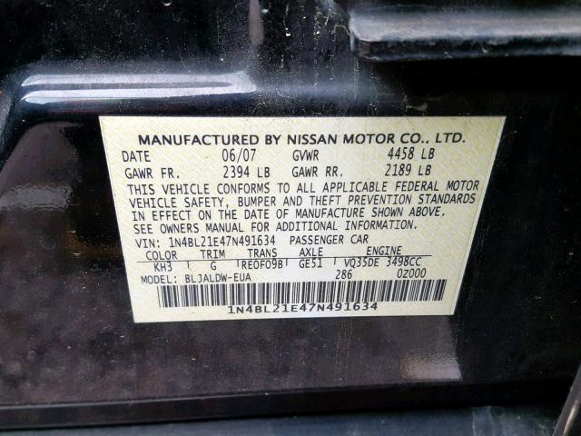 1N4BL21E47N491634 - 2007 NISSAN ALTIMA 3.5 BLACK photo 10