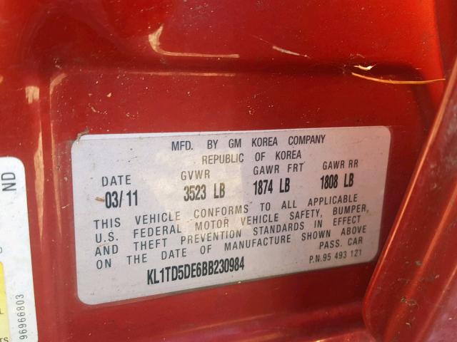 KL1TD5DE6BB230984 - 2011 CHEVROLET AVEO LS RED photo 10
